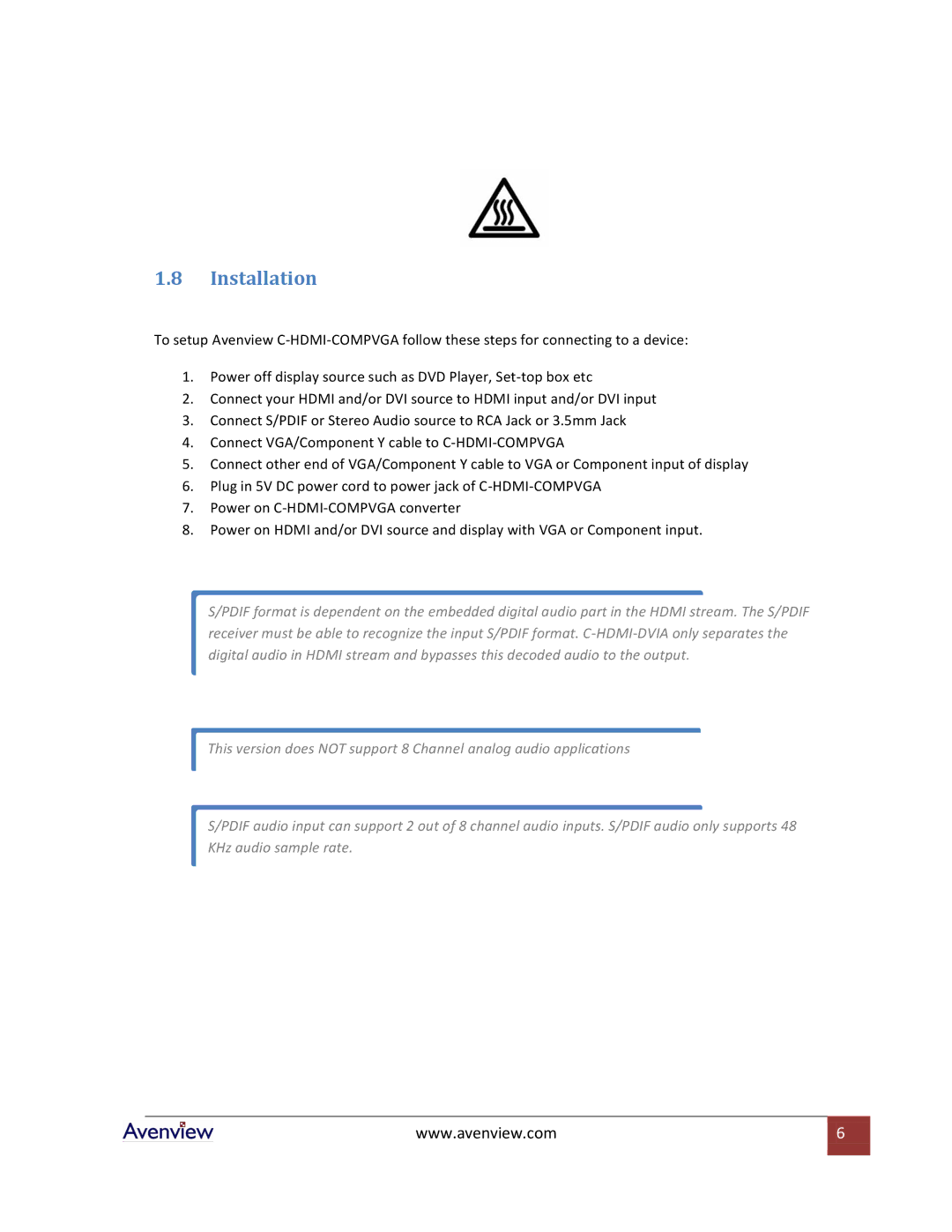 Avenview C-HDMI-COMPVGA specifications Installation 