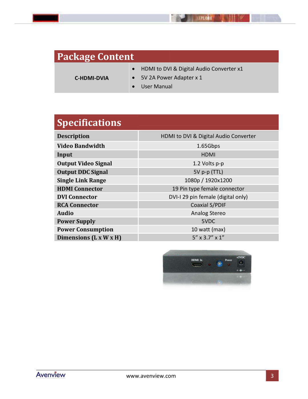 Avenview C-HDMI-DVIA manual Package Content 