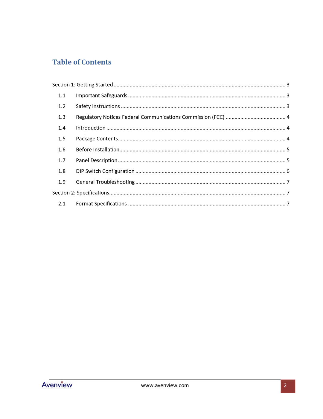 Avenview C-HDSDI-HDMI specifications Table of Contents 