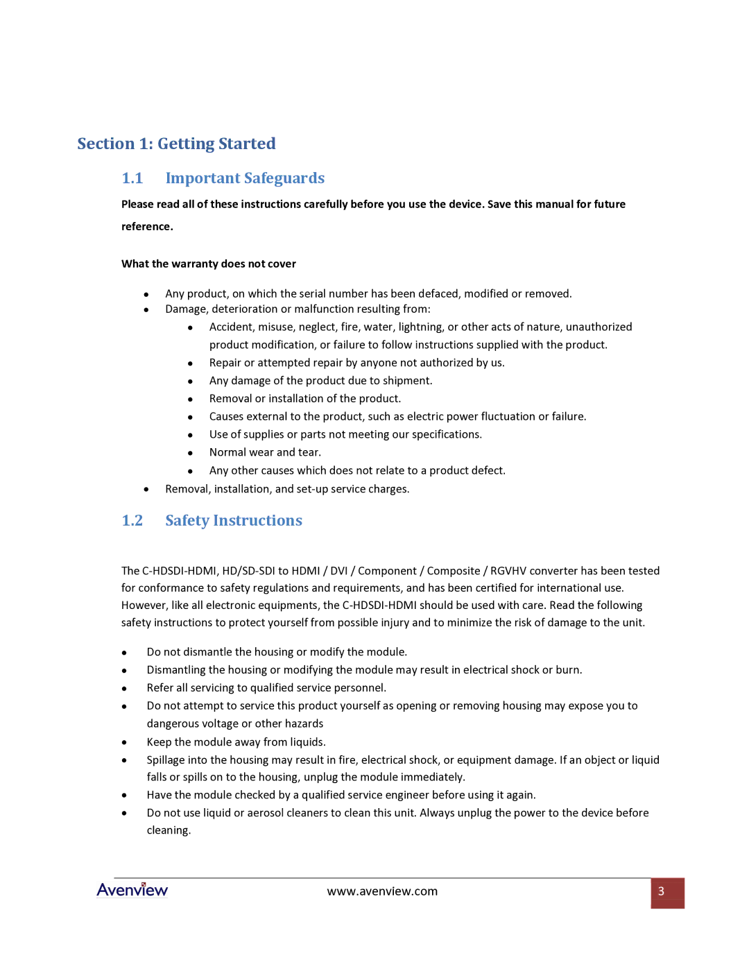 Avenview C-HDSDI-HDMI specifications Important Safeguards, Safety Instructions 