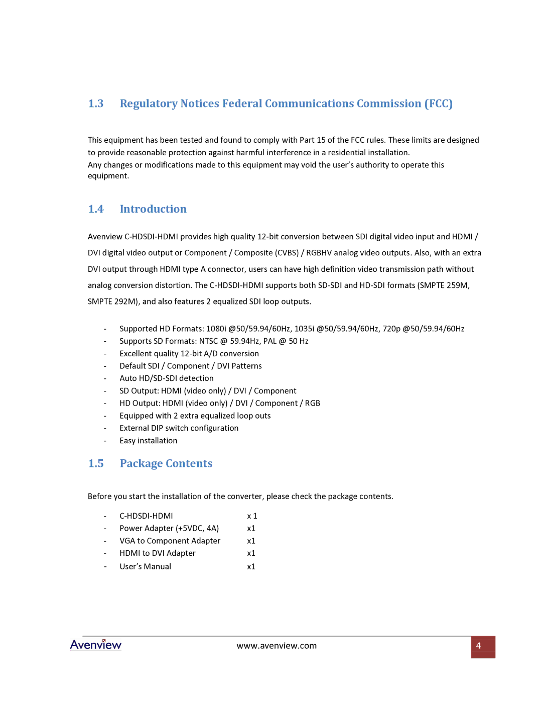 Avenview C-HDSDI-HDMI Regulatory Notices Federal Communications Commission FCC, Introduction, Package Contents 