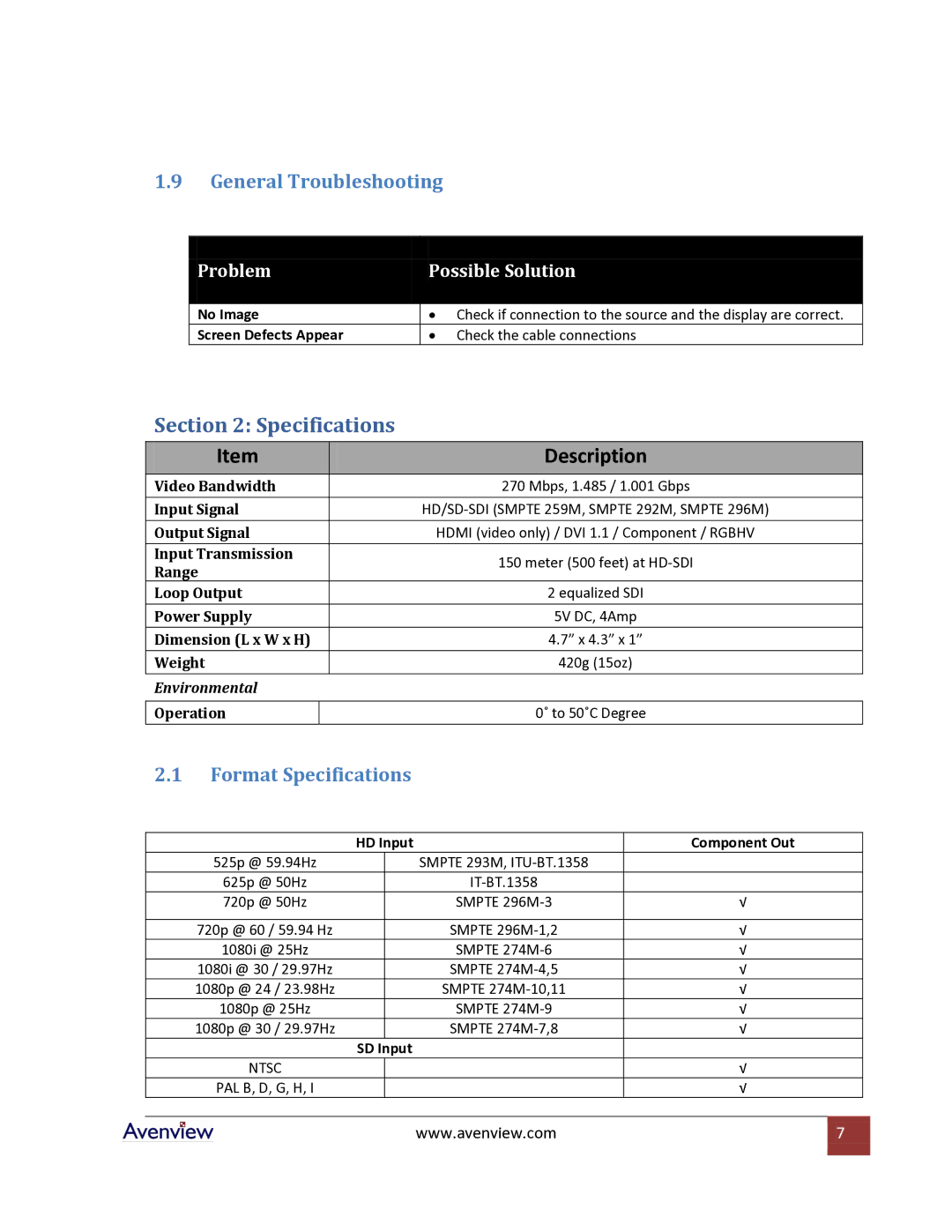 Avenview C-HDSDI-HDMI specifications General Troubleshooting, Format Specifications 