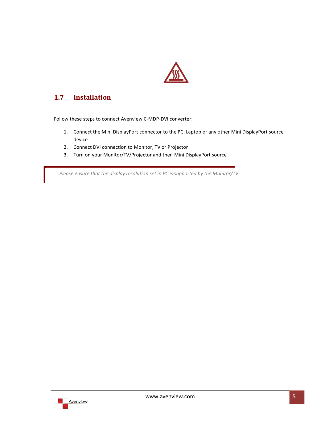 Avenview C-MDP-DVI specifications Installation 