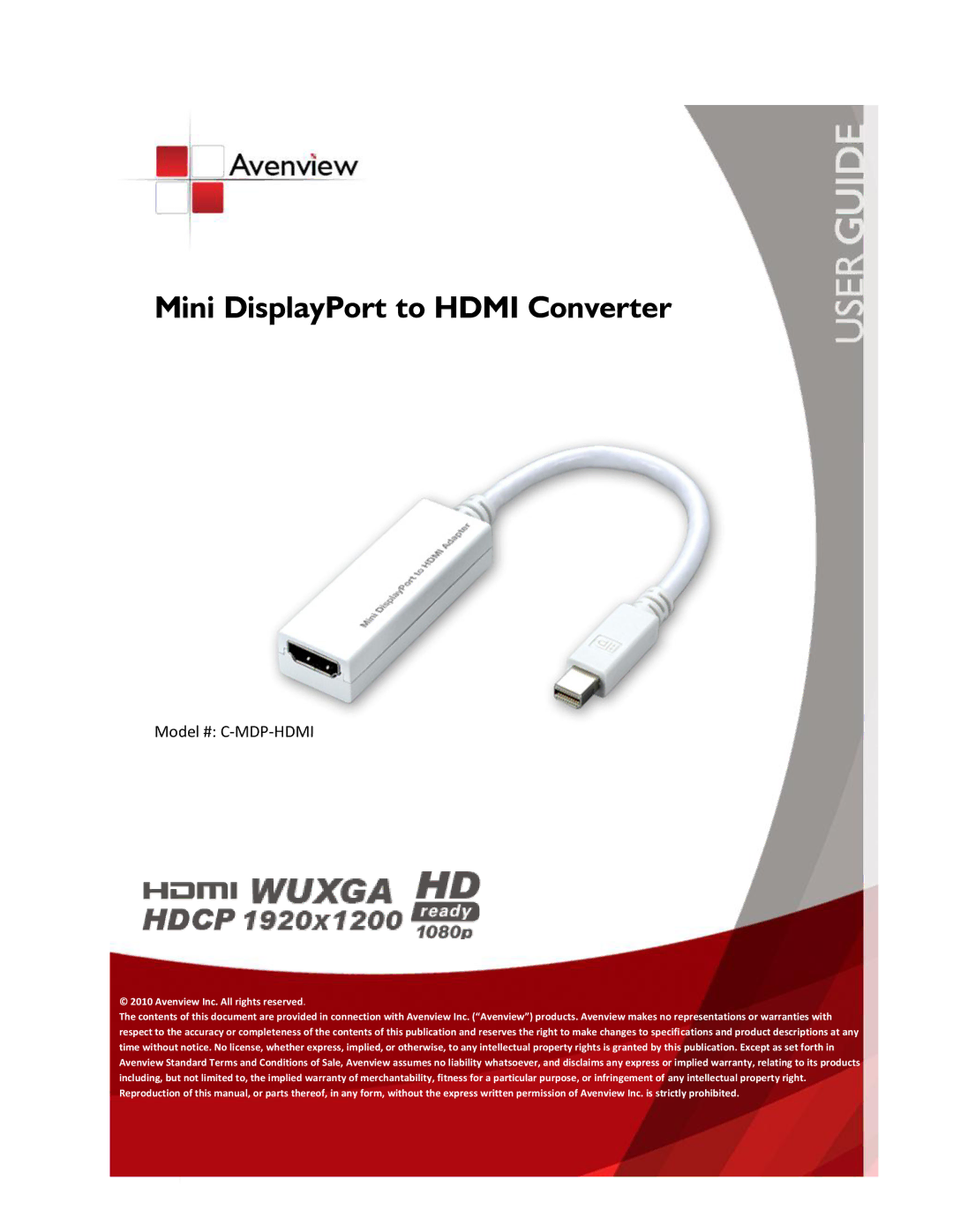 Avenview C-MDP-HDMI specifications Mini DisplayPort to Hdmi Converter 