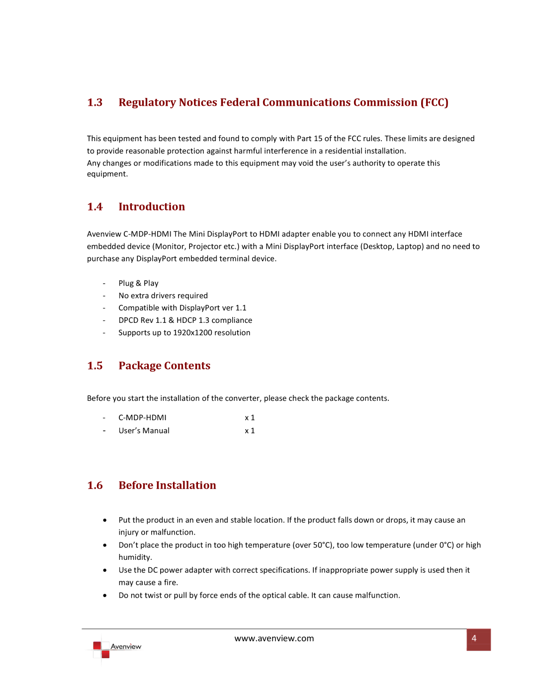 Avenview C-MDP-HDMI specifications Regulatory Notices Federal Communications Commission FCC, Introduction, Package Contents 