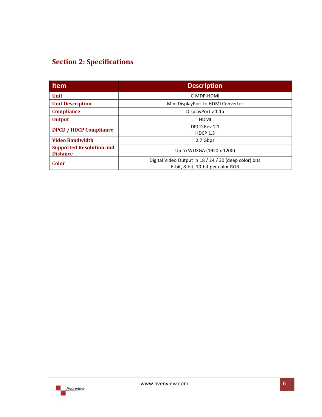 Avenview C-MDP-HDMI specifications Specifications, Description 