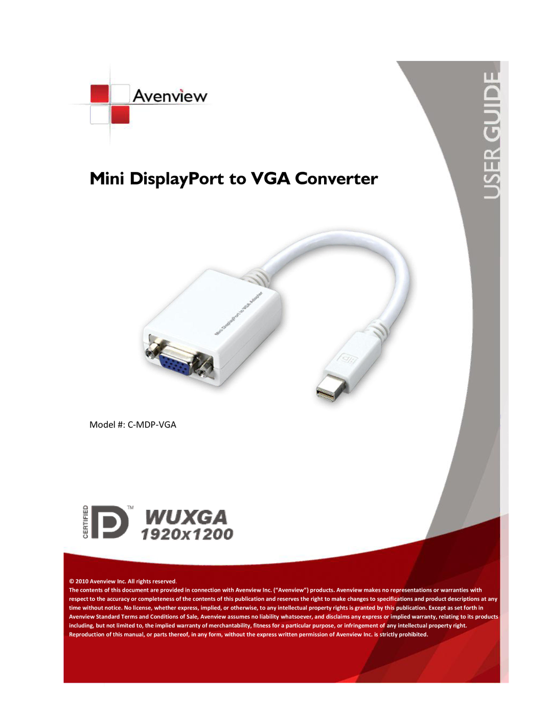 Avenview C-MDP-VGA specifications Mini DisplayPort to VGA Converter 