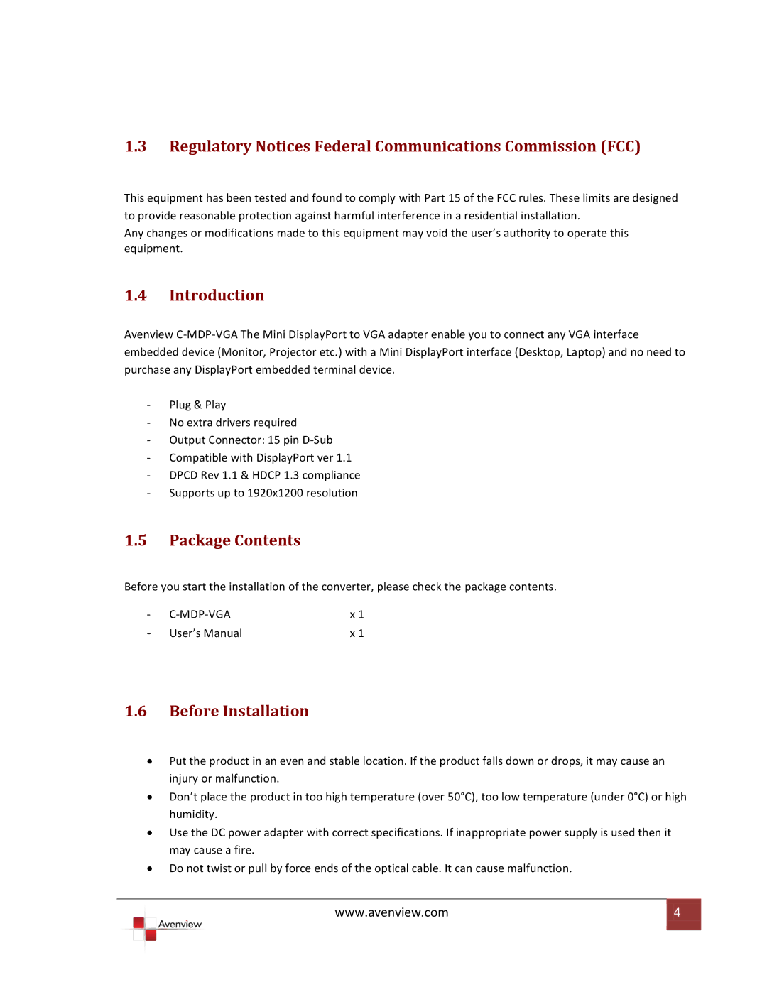 Avenview C-MDP-VGA specifications Regulatory Notices Federal Communications Commission FCC, Introduction, Package Contents 