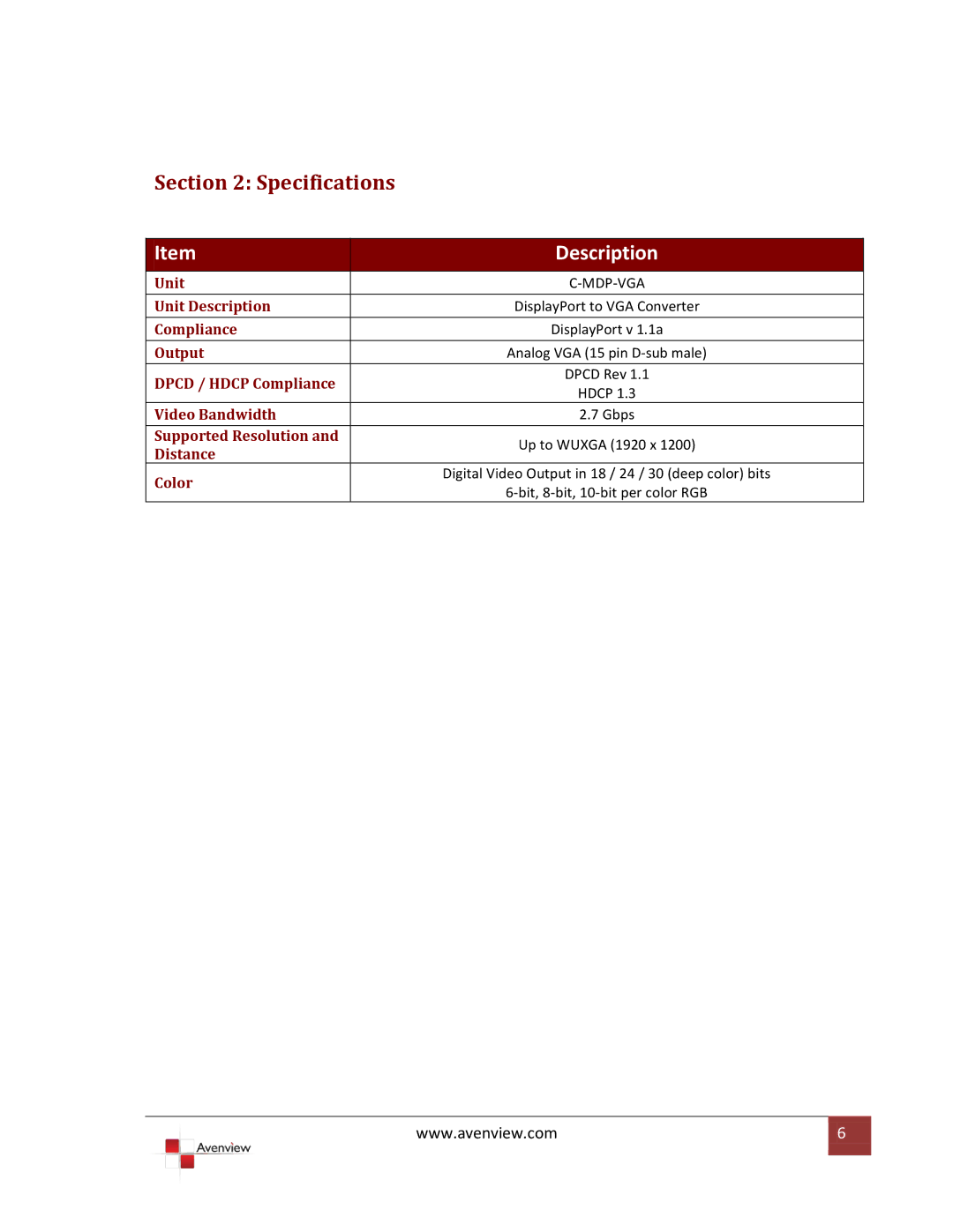 Avenview C-MDP-VGA specifications Specifications, Description 