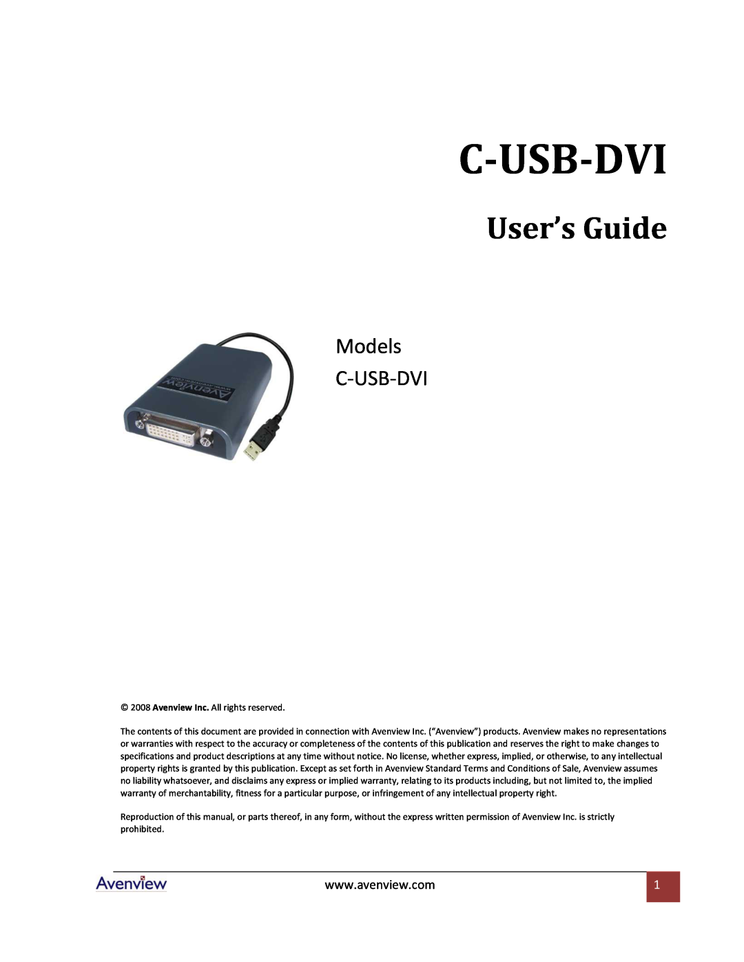 Avenview specifications C-Usb-Dvi, User’s Guide, Models C-USB-DVI 