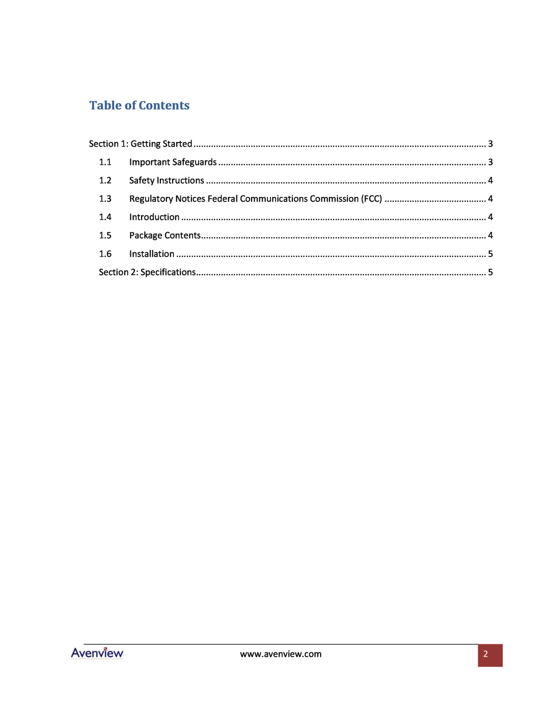 Avenview C-USB-DVI specifications Table of Contents, Regulatory Notices Federal Communications Commission FCC 