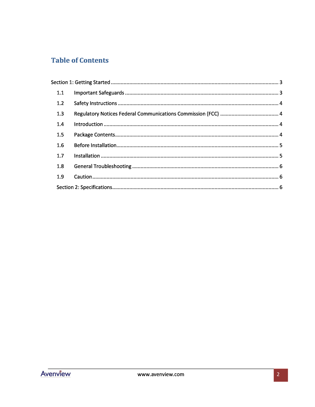 Avenview C-VGA-DVI specifications Table of Contents, Regulatory Notices Federal Communications Commission FCC 