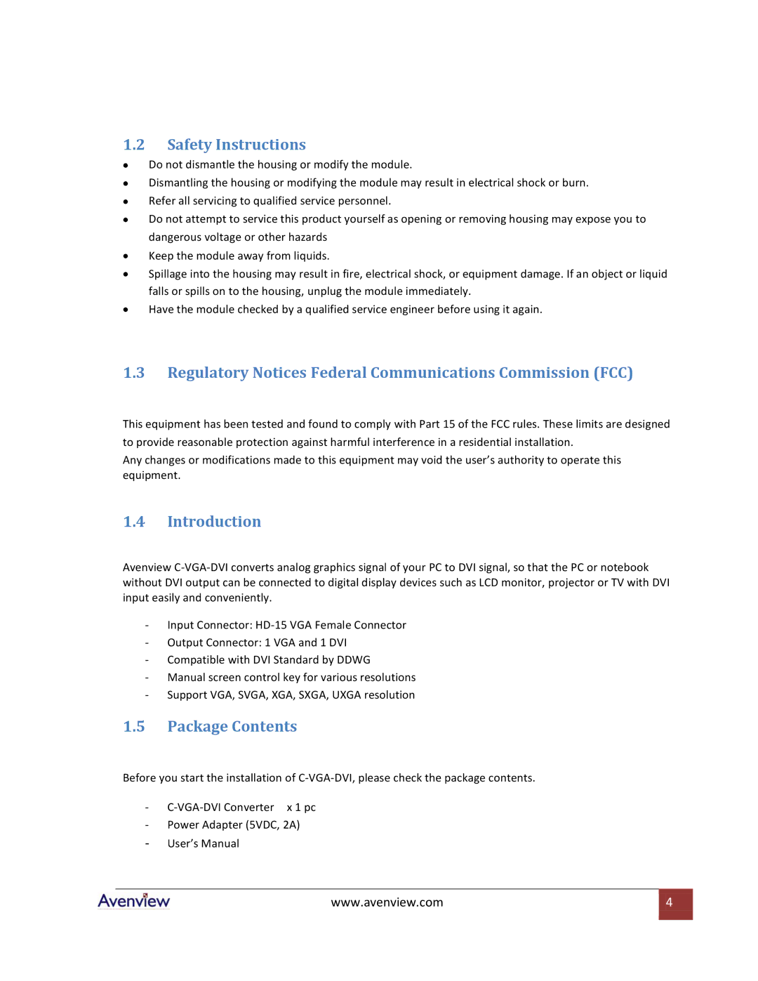 Avenview C-VGA-DVI Safety Instructions, Regulatory Notices Federal Communications Commission FCC, Introduction 