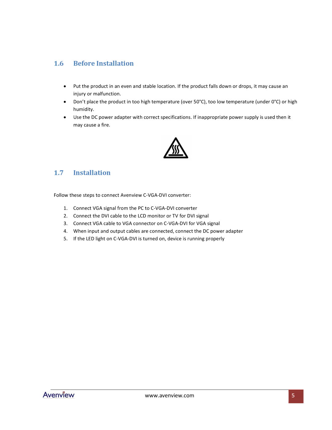 Avenview C-VGA-DVI specifications Before Installation 