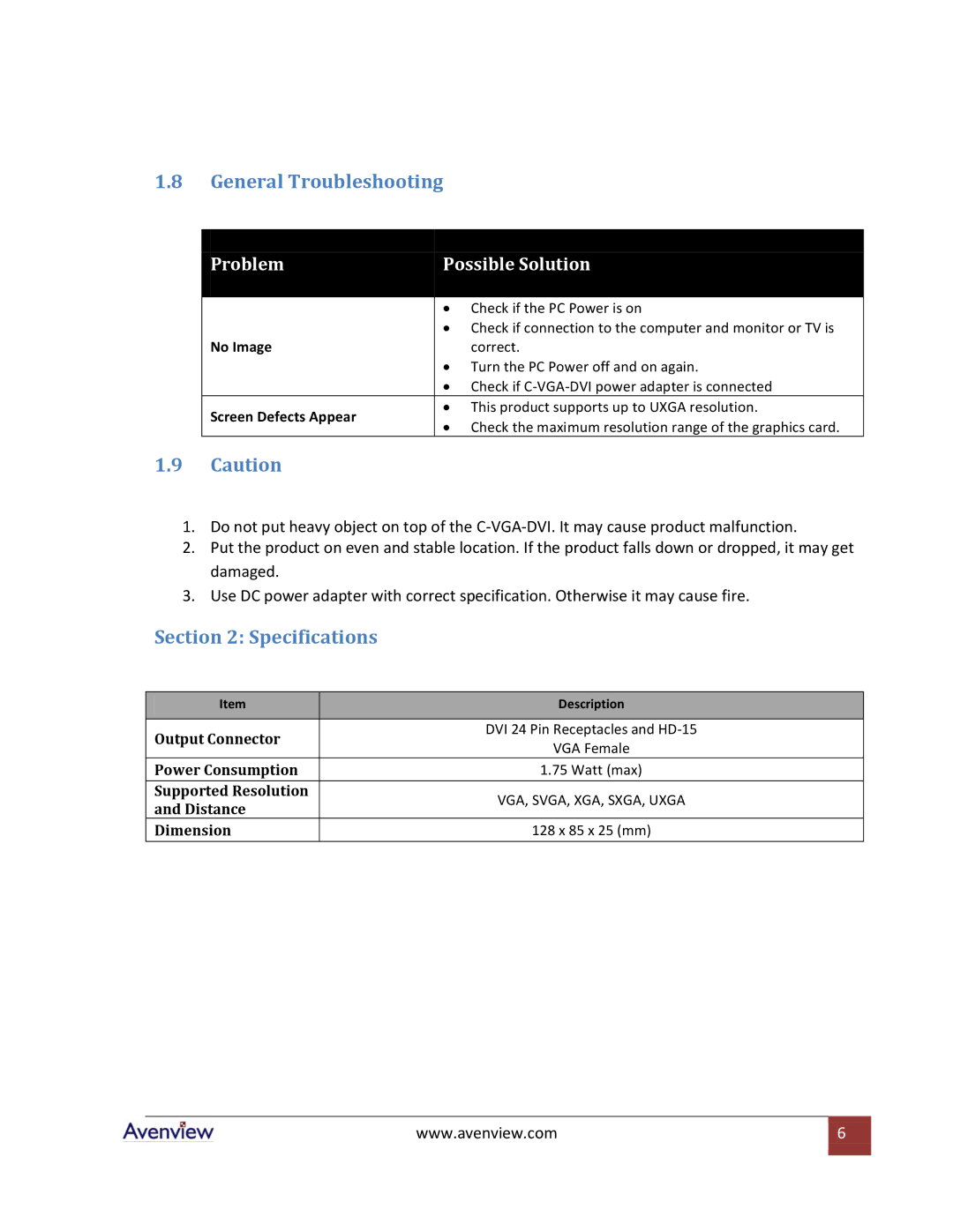 Avenview C-VGA-DVI specifications General Troubleshooting, Specifications 