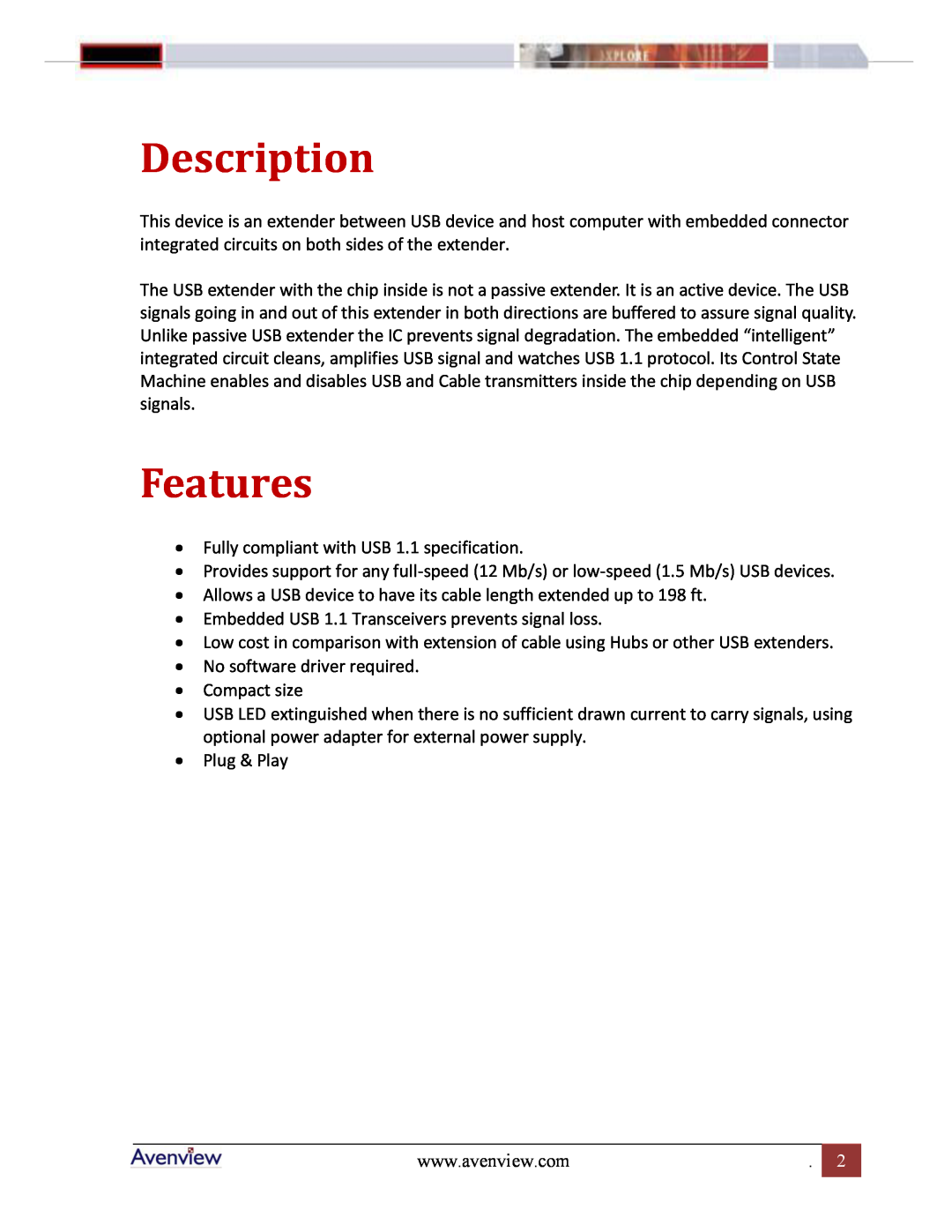 Avenview C5-USB-200 manual Description, Features 