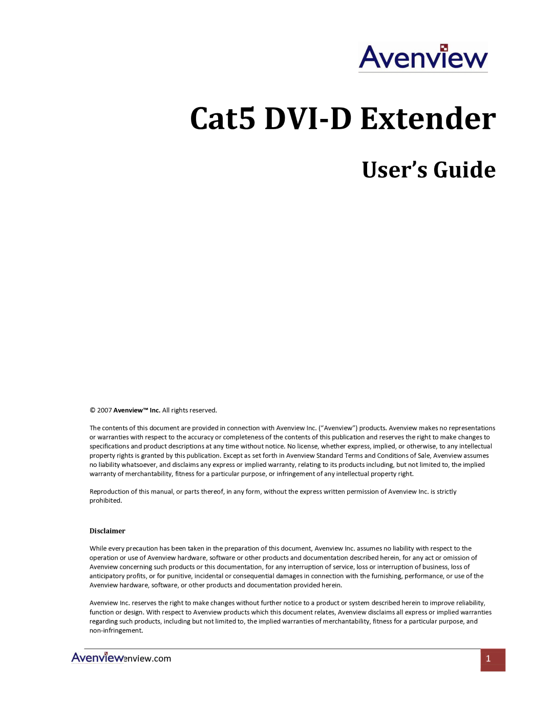 Avenview specifications Cat5 DVI-D Extender 