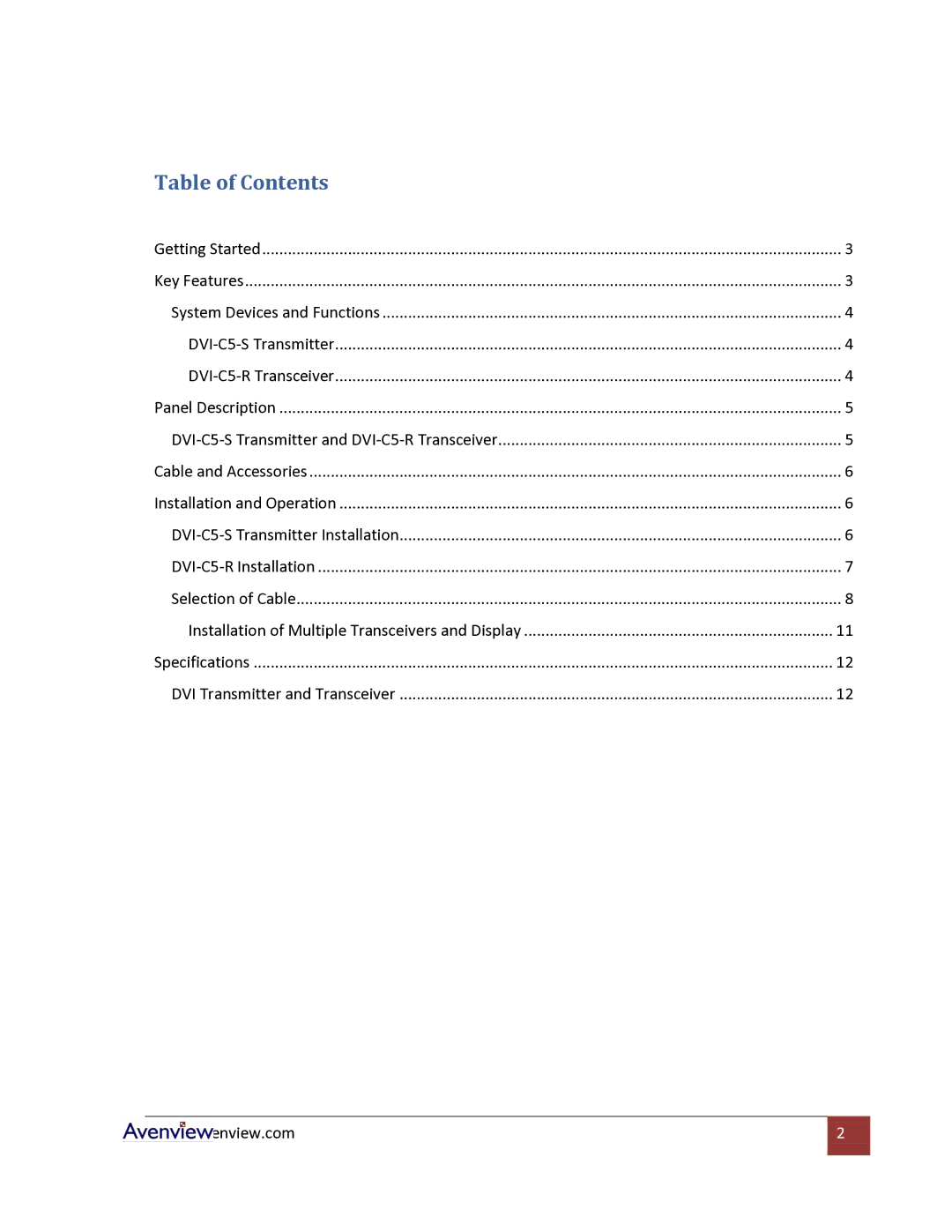 Avenview Cat5 specifications Table of Contents 