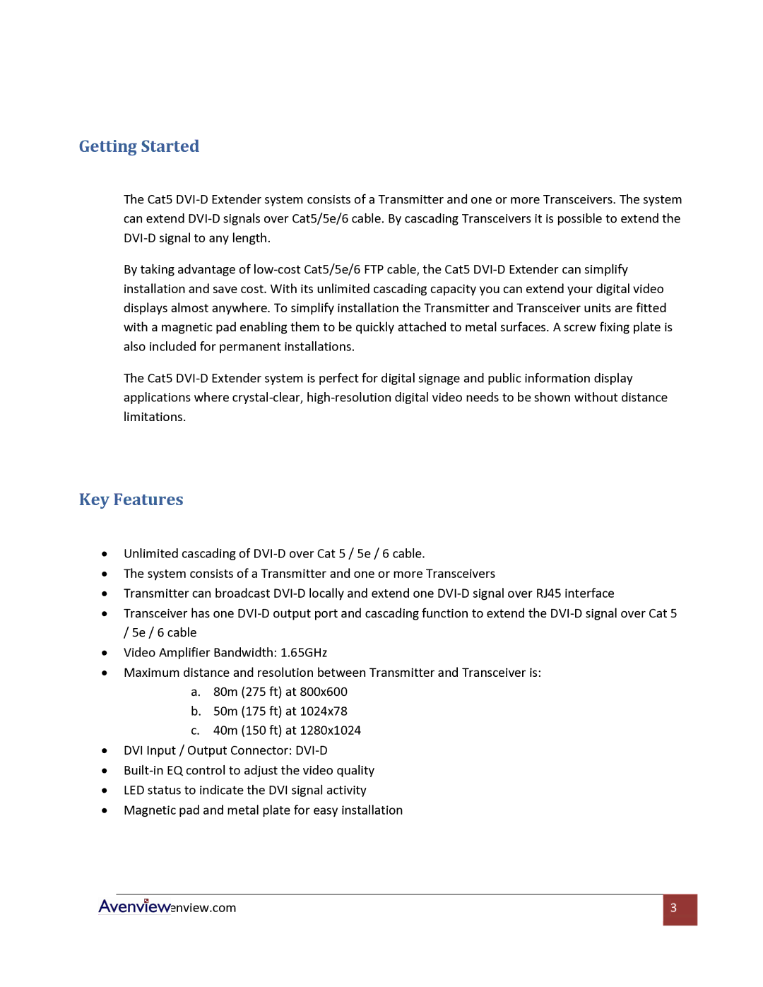 Avenview Cat5 specifications Getting Started, Key Features 