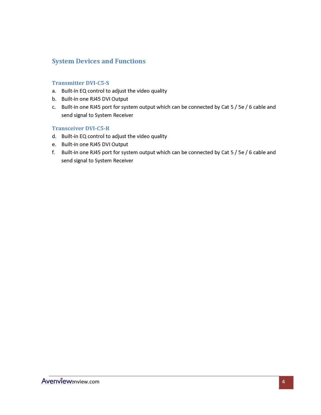 Avenview Cat5 specifications System Devices and Functions, Transmitter DVI-C5-S 