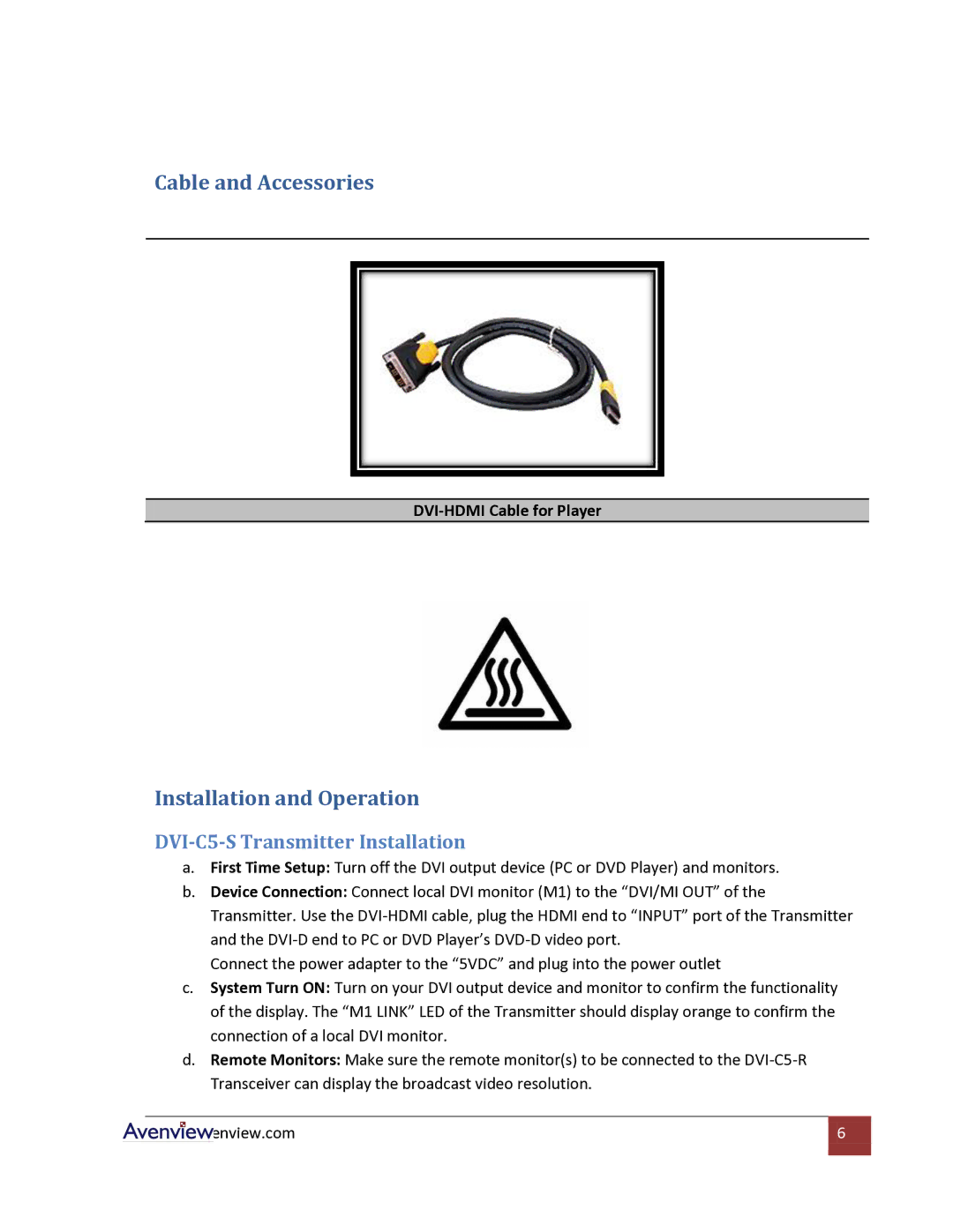 Avenview Cat5 specifications Cable and Accessories, Installation and Operation, DVI-C5-S Transmitter Installation 