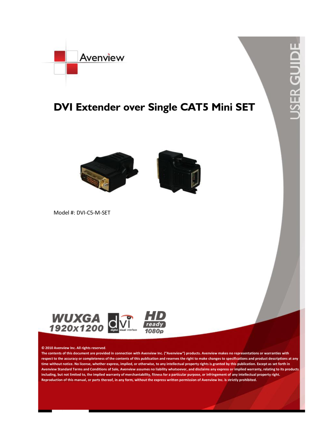 Avenview specifications Model # DVI-C5-M-SET, DVI Extender over Single CAT5 Mini SET 