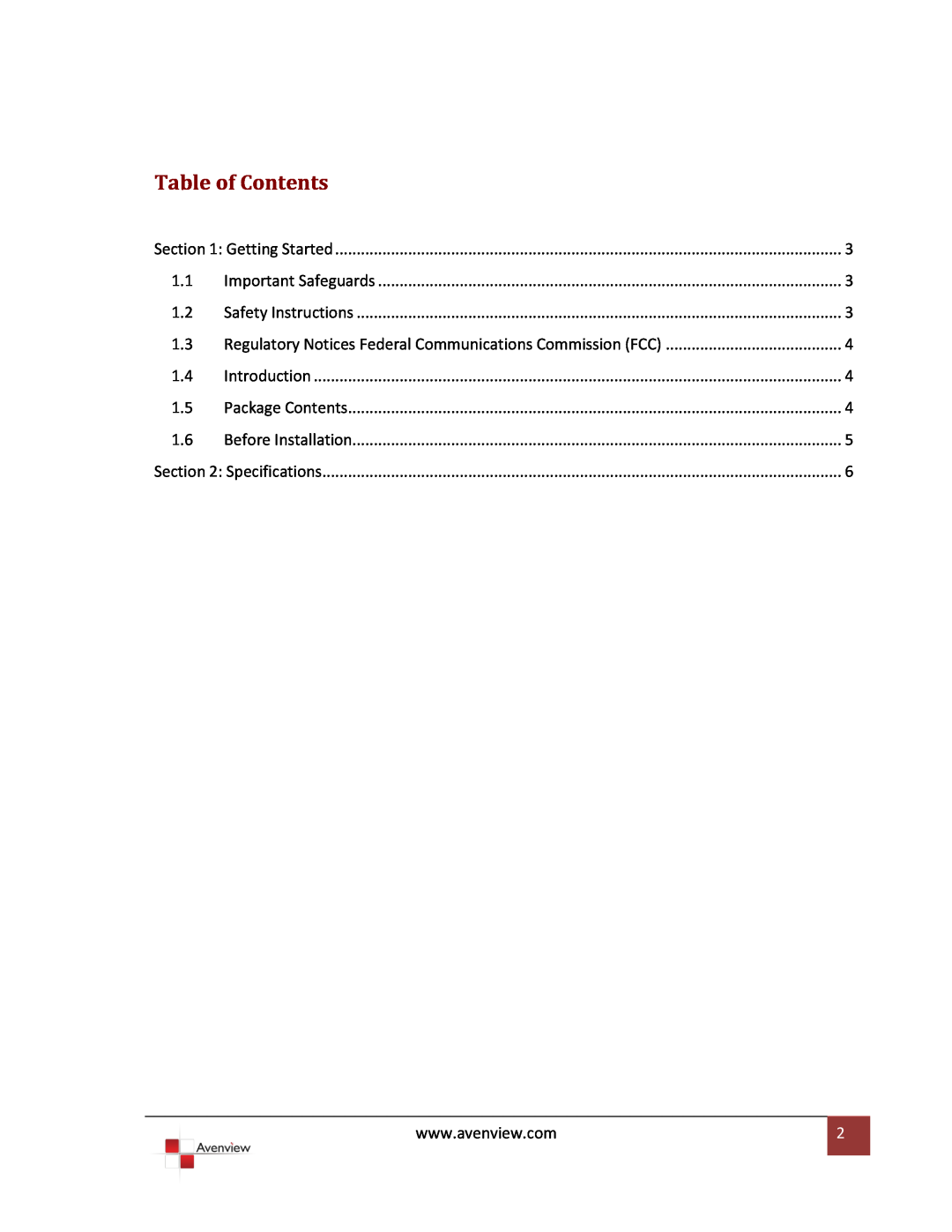 Avenview DVI-C5-M-SET specifications Table of Contents, Regulatory Notices Federal Communications Commission FCC 