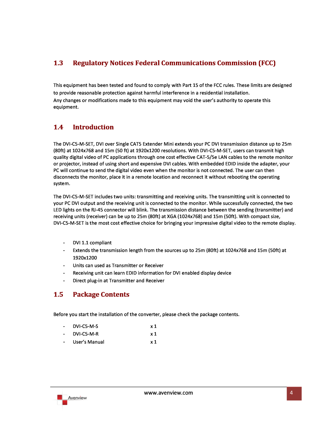 Avenview DVI-C5-M-SET Regulatory Notices Federal Communications Commission FCC, Introduction, Package Contents 