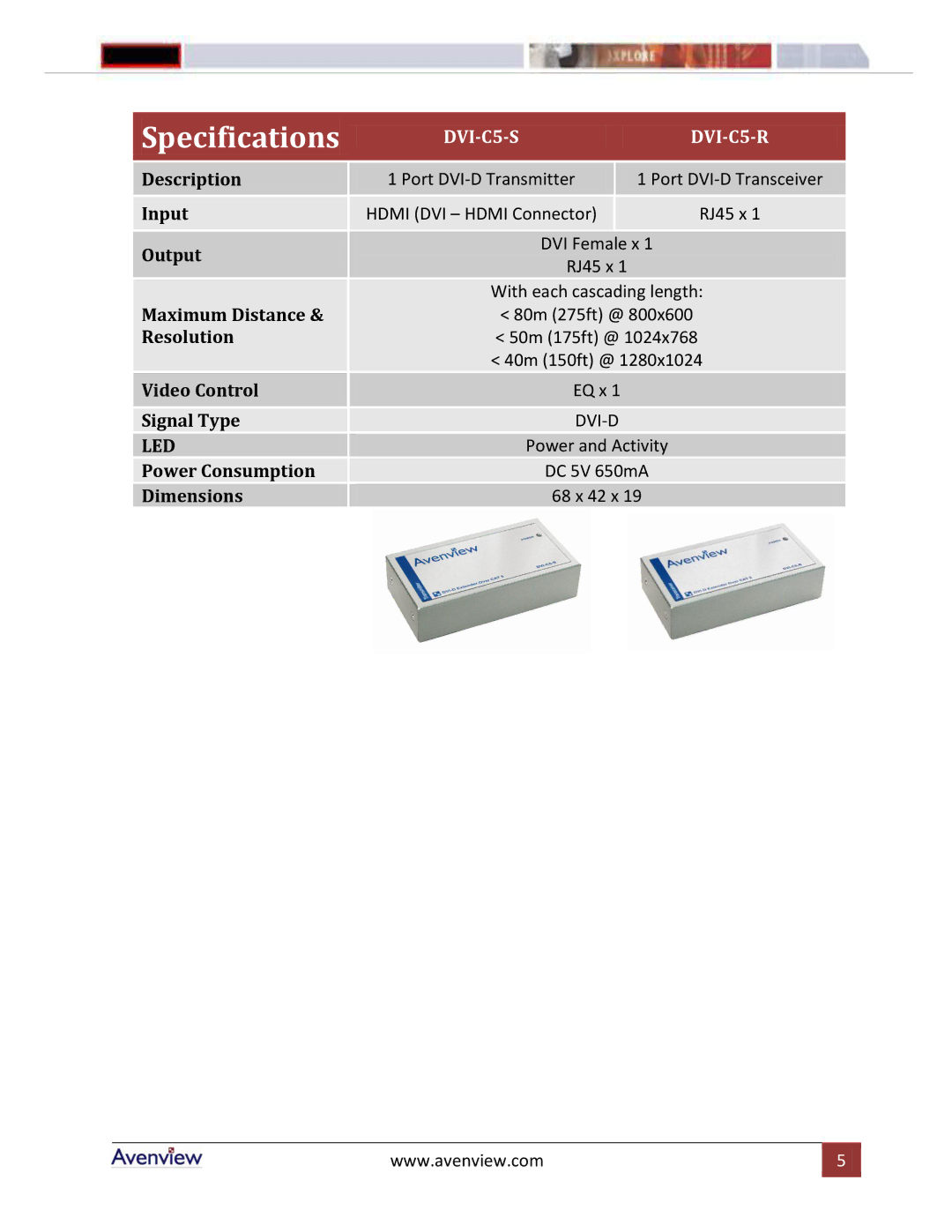 Avenview DVI-C5-R, DVI-C5-S manual Specifications, Led 