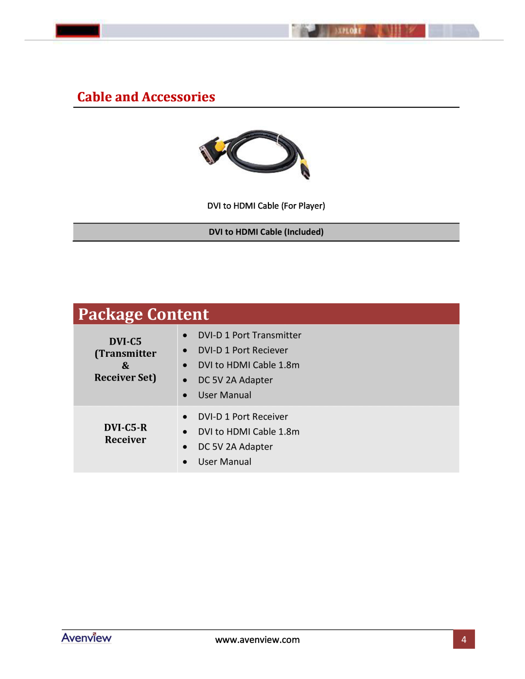 Avenview DVI-C5-S manual Package Content, Cable and Accessories, Transmitter, Receiver Set, DVI-C5-R 