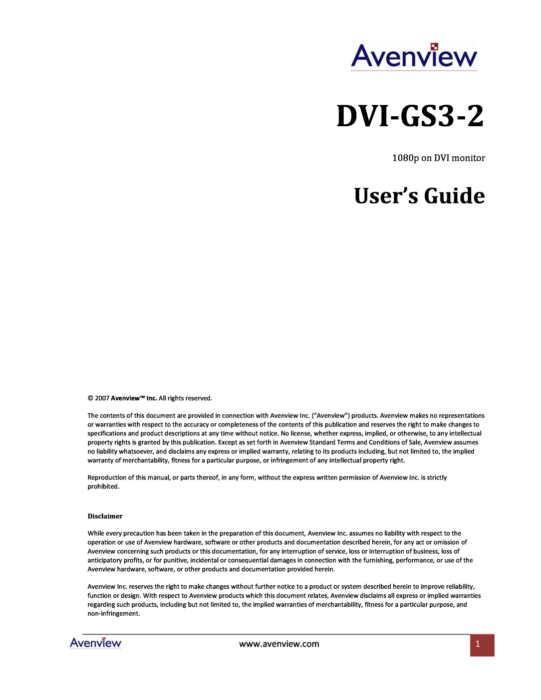 Avenview DVI-GS3-2 specifications User’s Guide, 1080p on DVI monitor, Disclaimer 