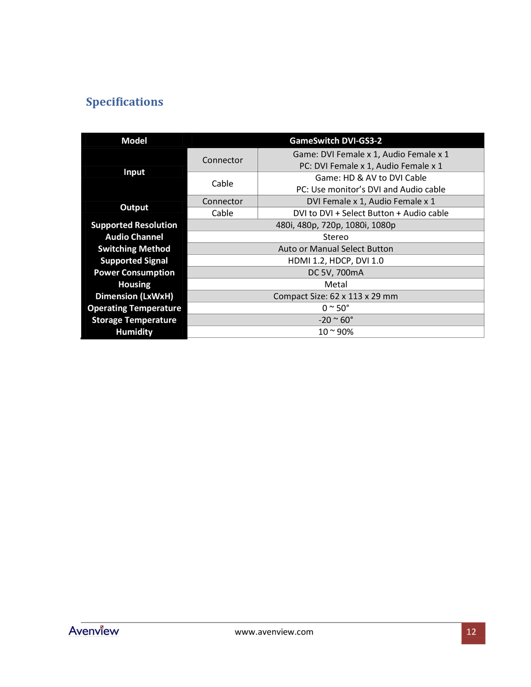 Avenview DVI-GS3-2 specifications Specifications, Input 