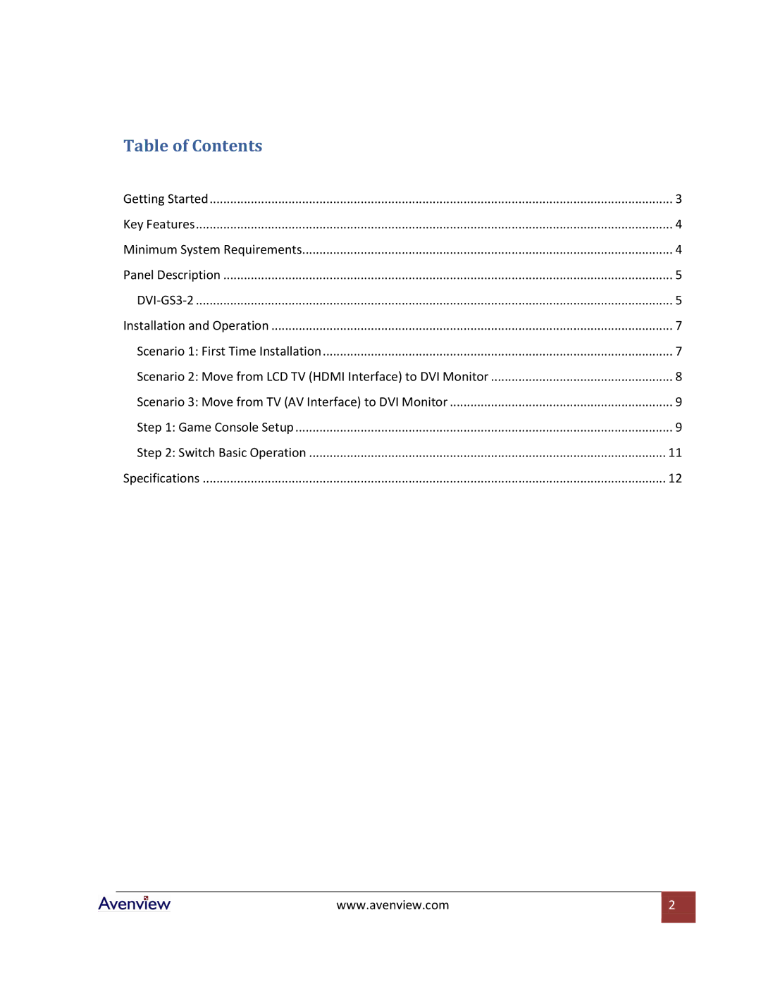 Avenview DVI-GS3-2 specifications Table of Contents 