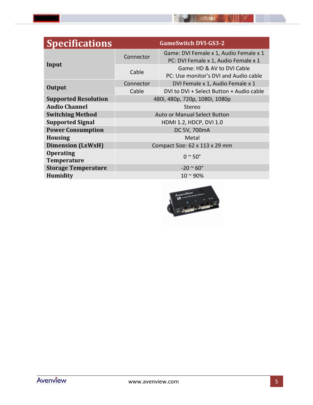 Avenview DVI-GS3 Series manual Specifications, GameSwitch DVI-GS3-2 