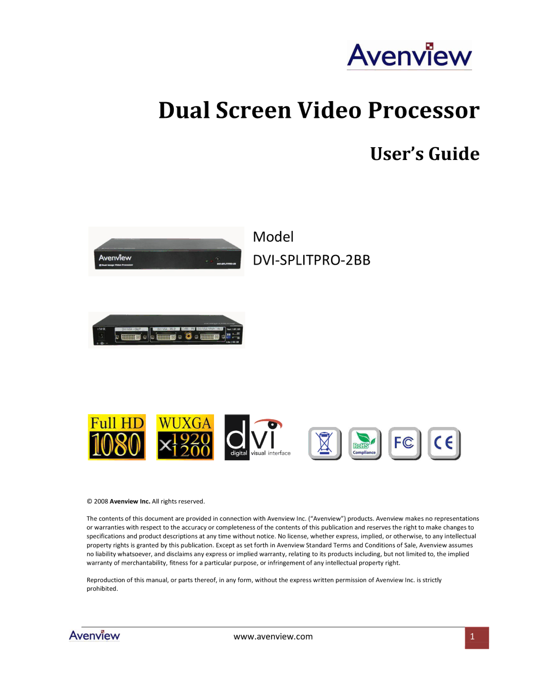 Avenview DVI-SPLITPRO-2BB specifications Dual Screen Video Processor 