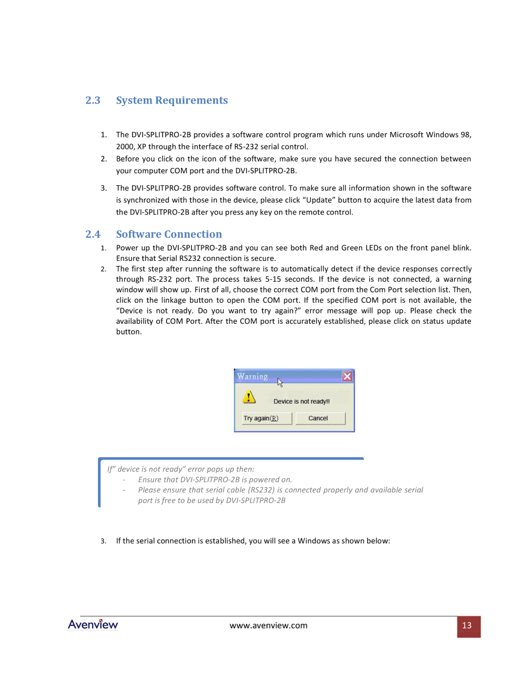 Avenview DVI-SPLITPRO-2BB specifications System Requirements, Software Connection 