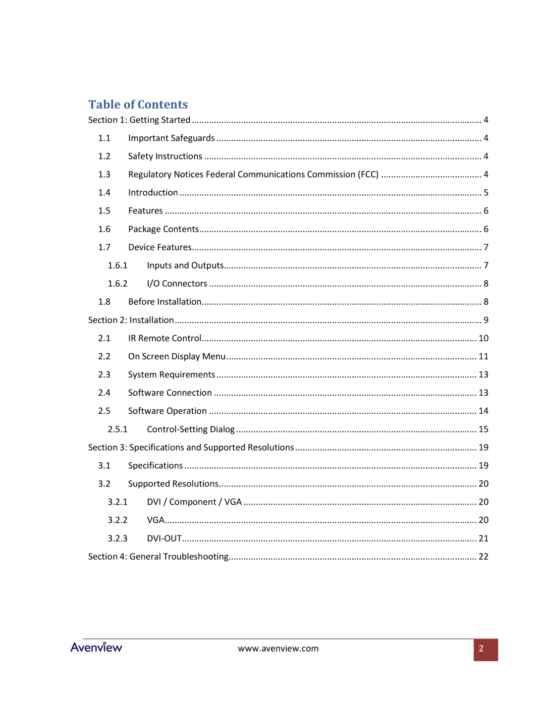 Avenview DVI-SPLITPRO-2BB specifications Table of Contents 