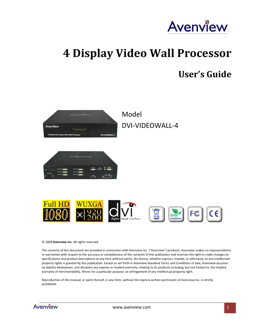 Avenview DVI-VIDEOWALL-4 specifications Display Video Wall Processor 