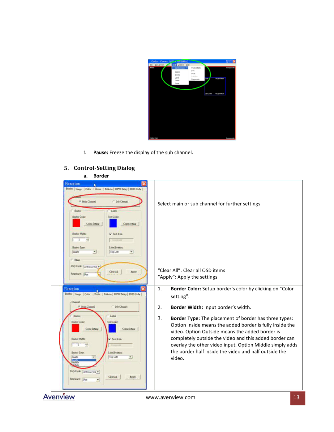 Avenview DVI-VIDEOWALL-4 specifications Control-Setting Dialog, Border 