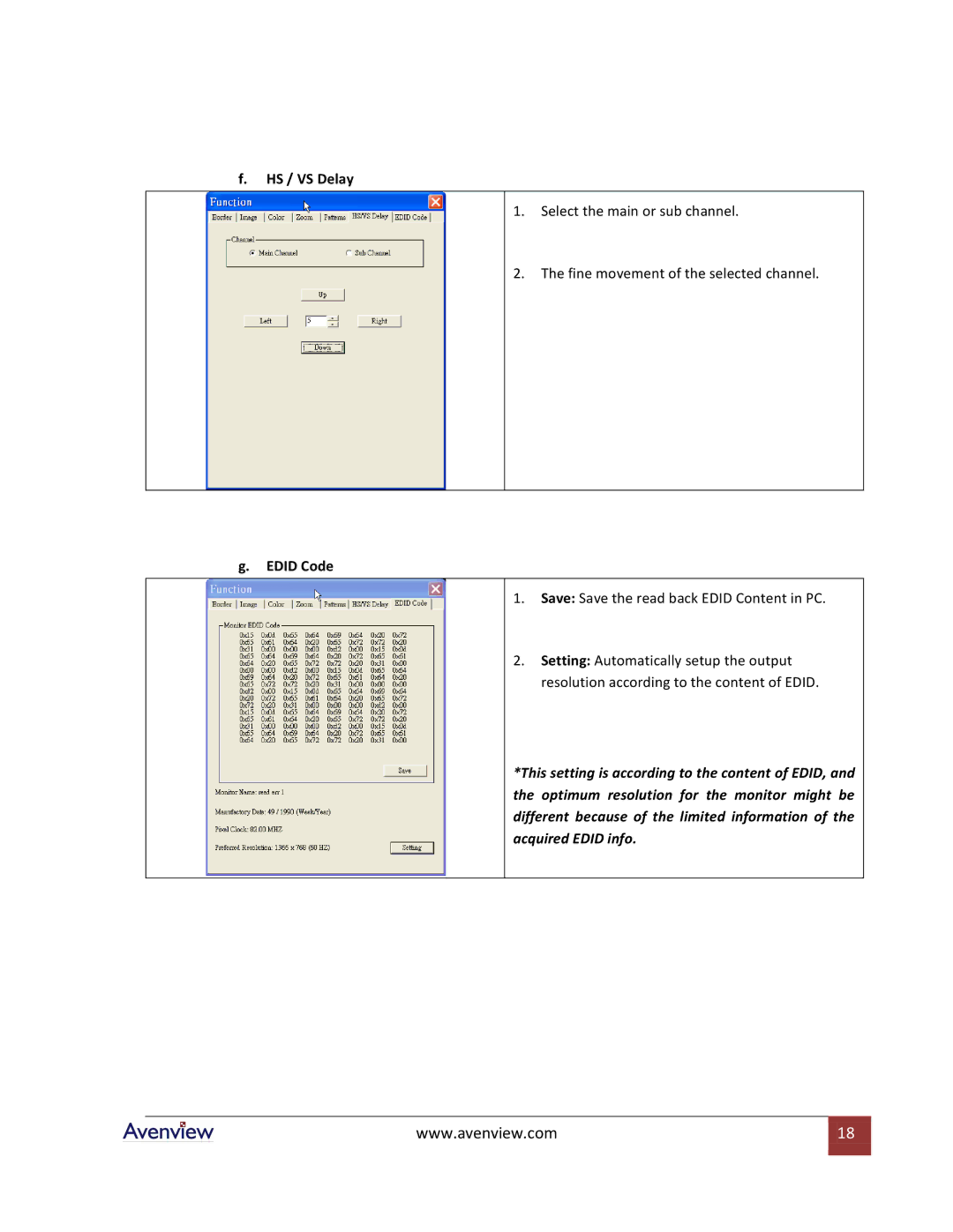 Avenview DVI-VIDEOWALL-4 specifications HS / VS Delay, Edid Code 