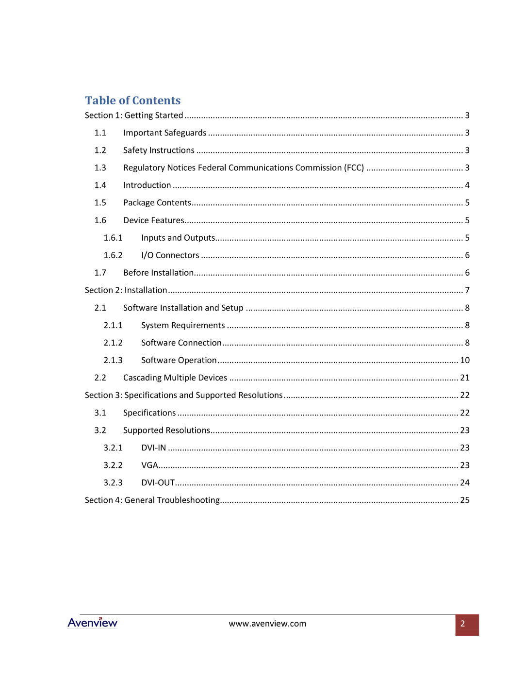 Avenview DVI-VIDEOWALL-4 specifications Table of Contents 