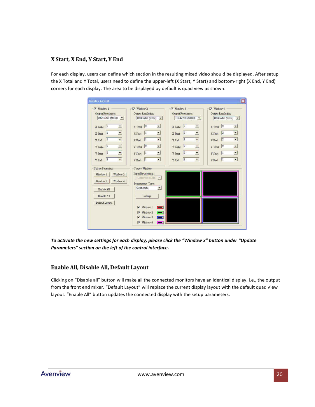 Avenview DVI-VIDEOWALL-4 specifications Start, X End, Y Start, Y End, Enable All, Disable All, Default Layout 