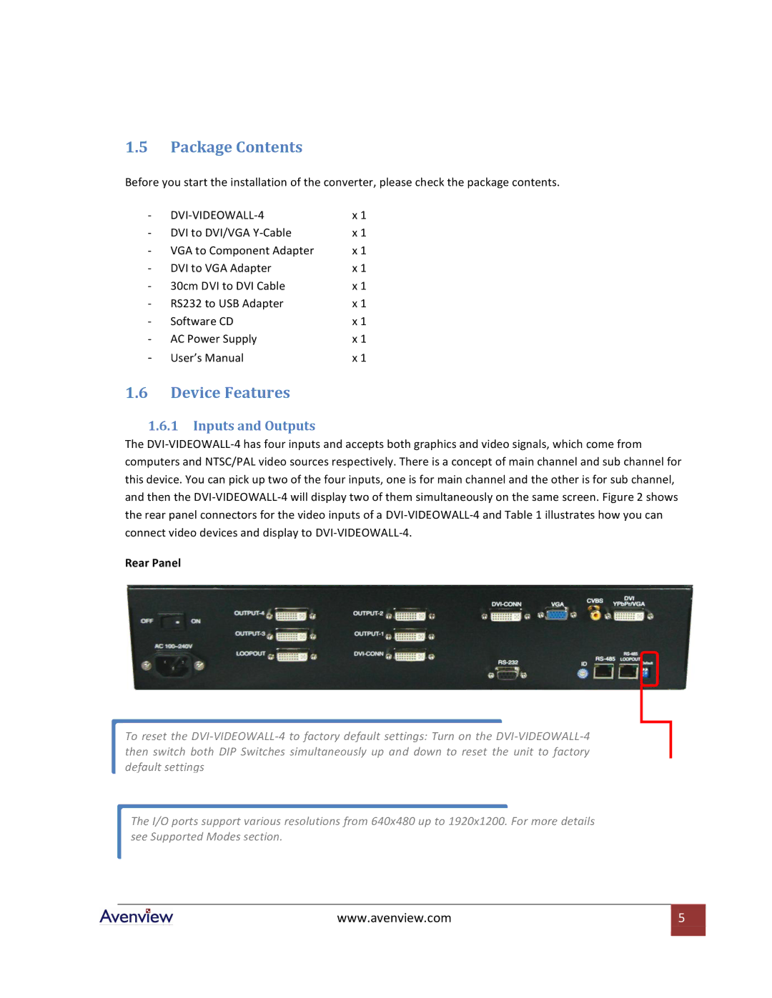 Avenview DVI-VIDEOWALL-4 specifications Package Contents, Device Features 