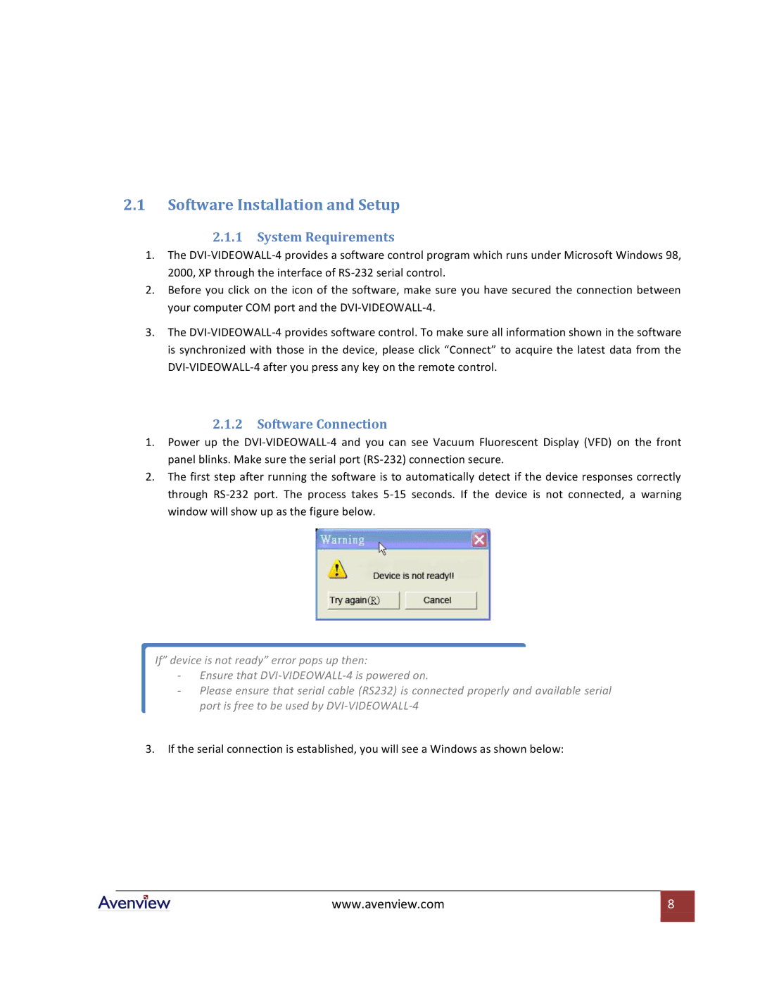 Avenview DVI-VIDEOWALL-4 specifications Software Installation and Setup, System Requirements, Software Connection 