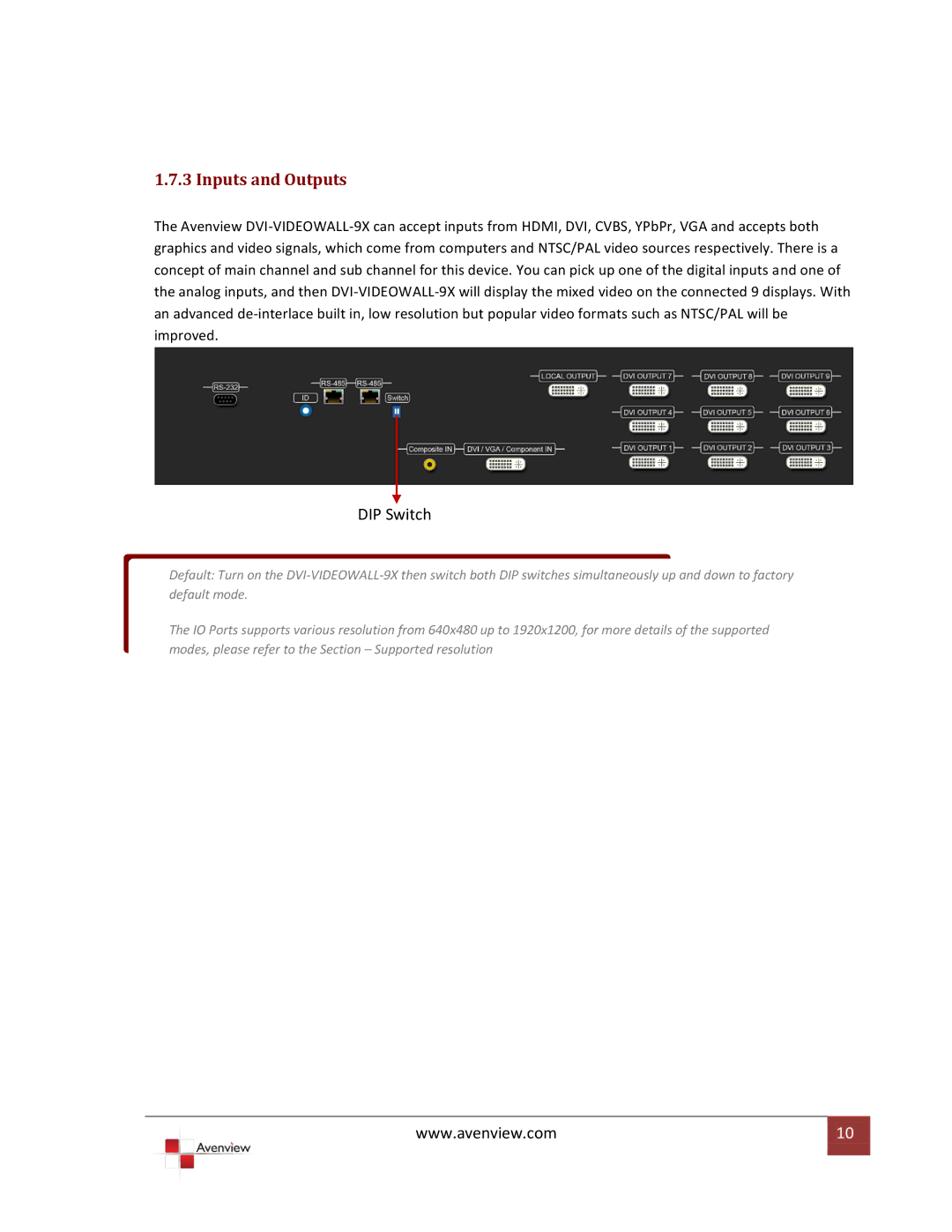 Avenview DVI-VIDEOWALL-9X specifications Inputs and Outputs, DIP Switch 