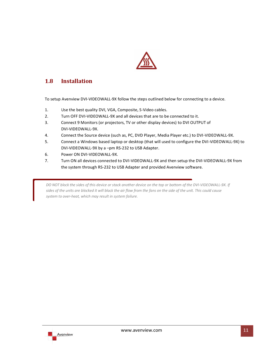 Avenview DVI-VIDEOWALL-9X specifications Installation 