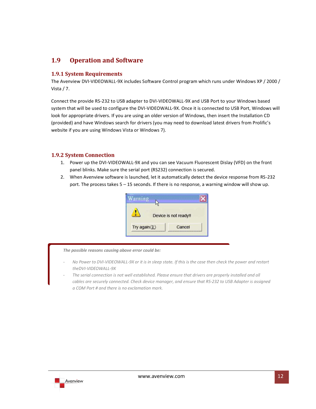 Avenview DVI-VIDEOWALL-9X specifications Operation and Software, System Requirements, System Connection 