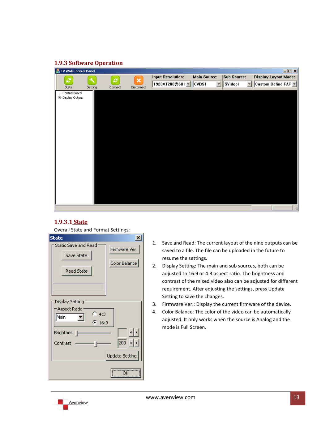 Avenview DVI-VIDEOWALL-9X specifications Software Operation State 