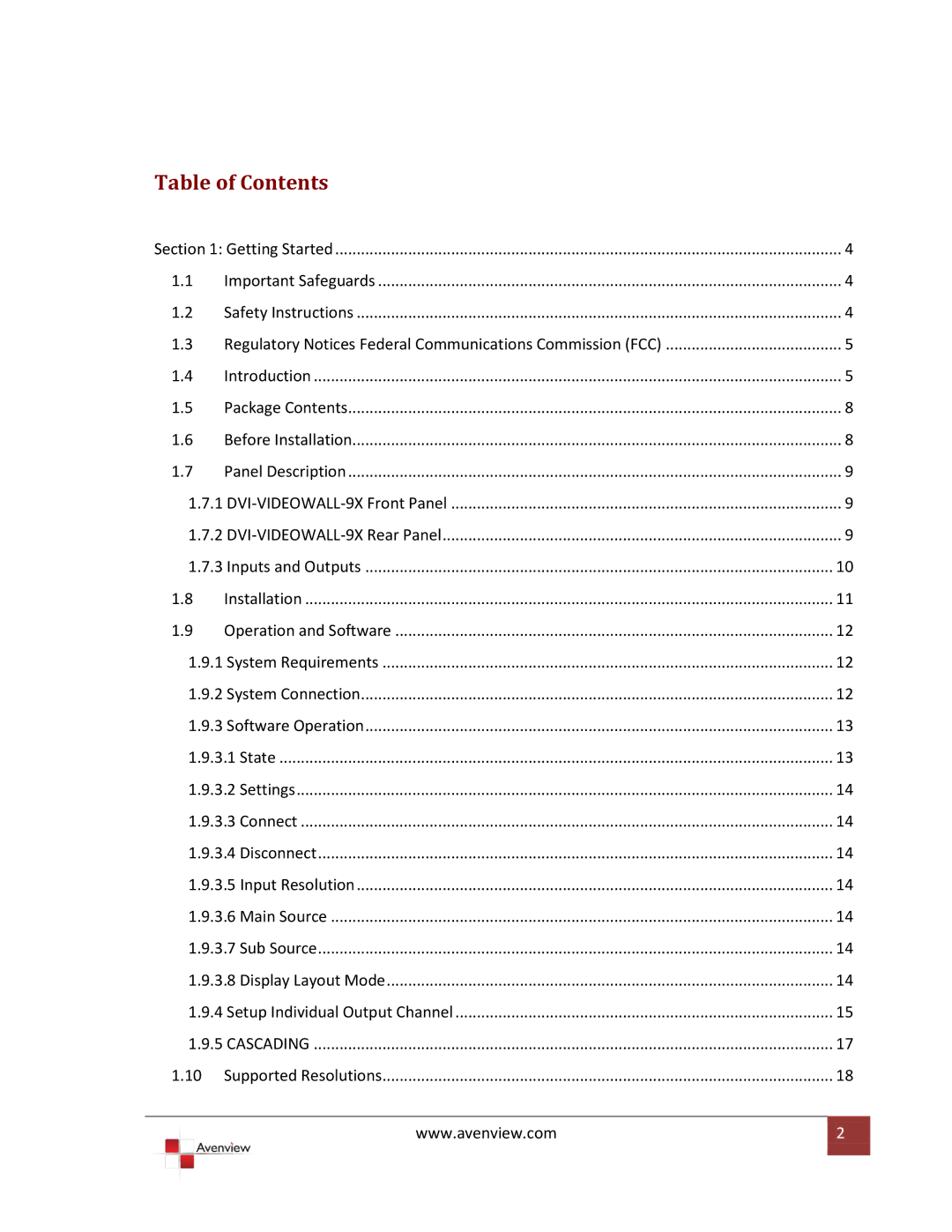 Avenview DVI-VIDEOWALL-9X specifications Table of Contents 