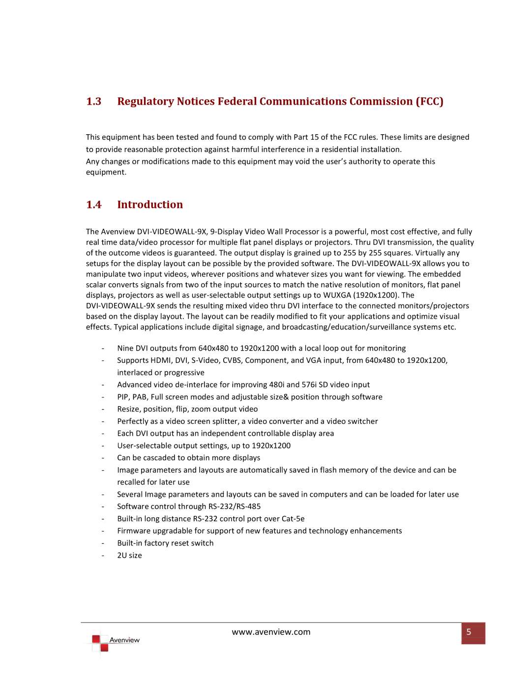 Avenview DVI-VIDEOWALL-9X specifications Regulatory Notices Federal Communications Commission FCC, Introduction 